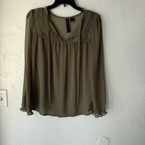 Petticoat Alley Blouse Womens Small Olive Green Sheer Long Sleeve Boho Lace Top
